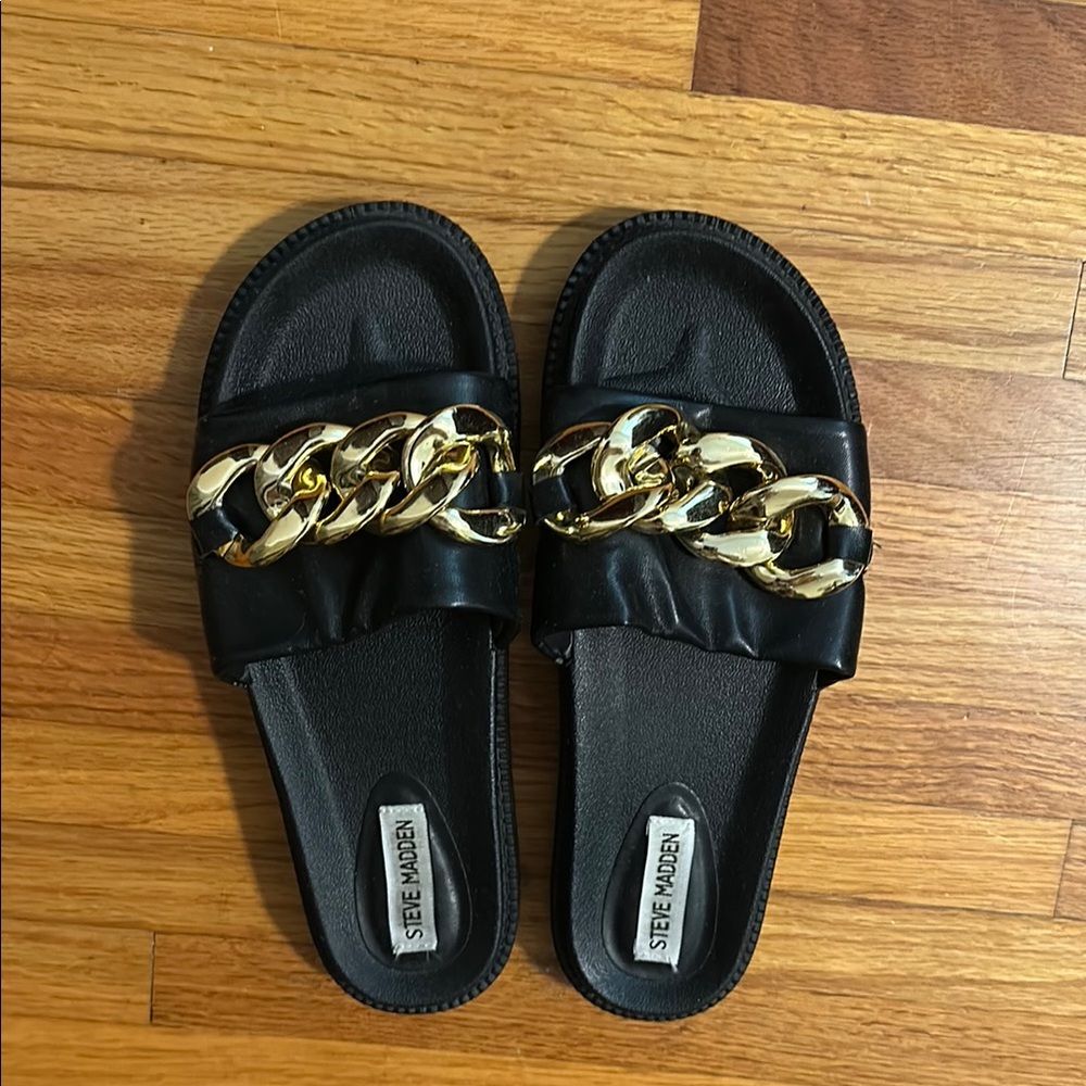 Steve Madden Black and Gold Chain Slide Sandals